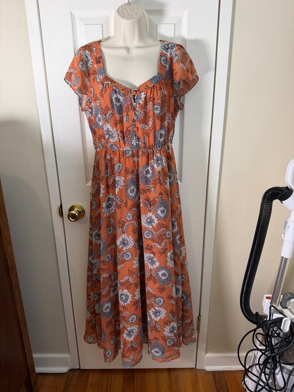 Madewell Dress Orange Floral Midi Short Sleeve Women's 6 Super Cute! XC